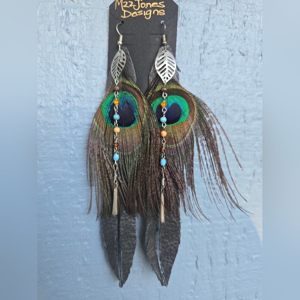 New!Peacock Feather Leather Drop Chain Earrings Handcrafted Boho Nativemade